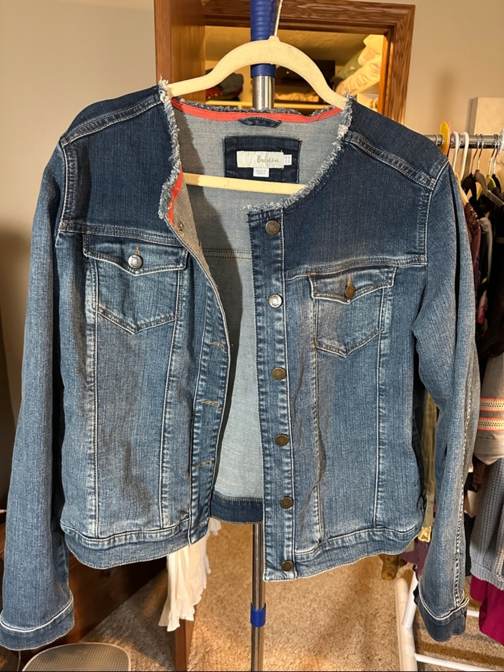 Boden Blue Denim Jacket with Raw-Edge Neckline